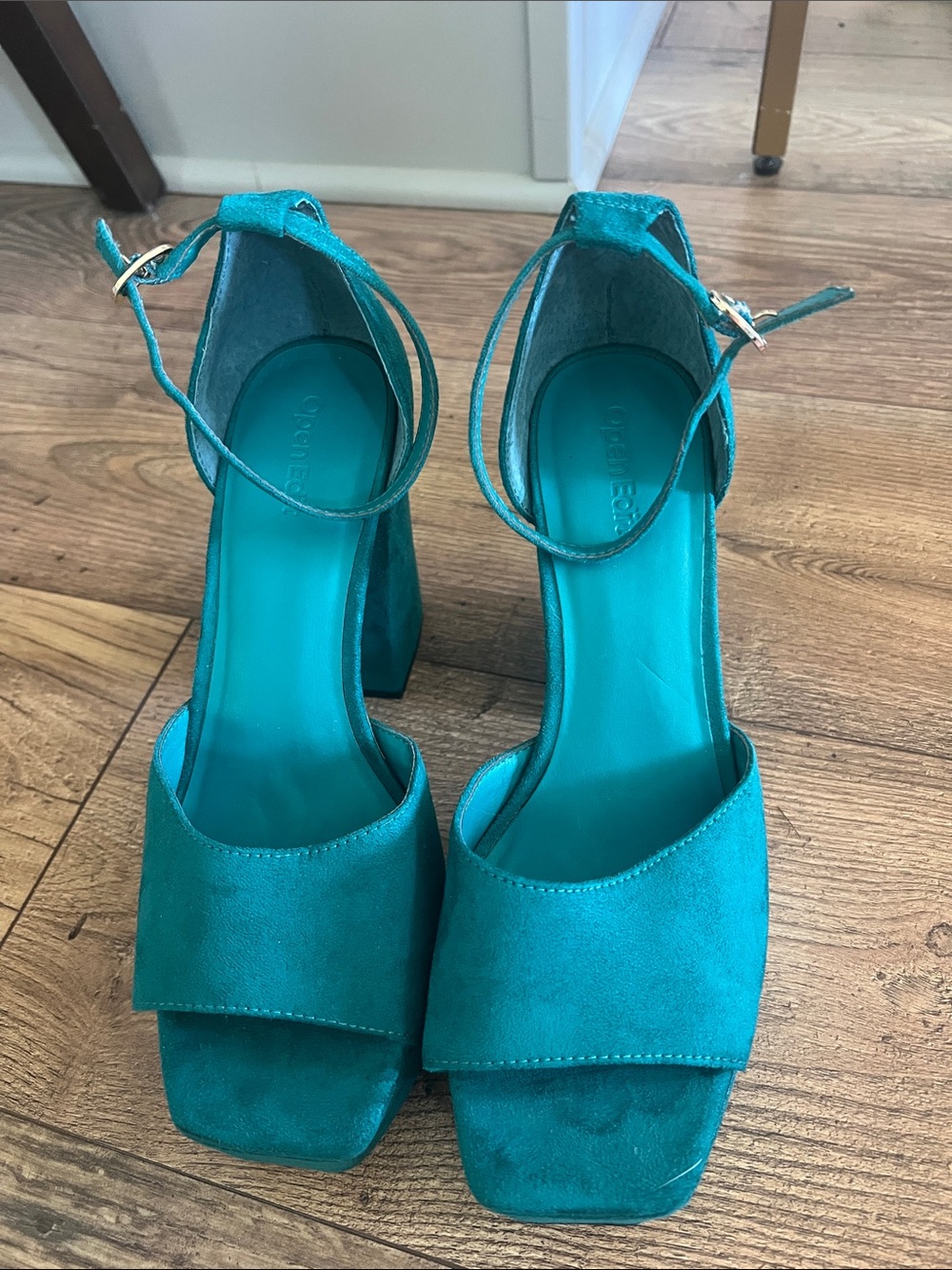 Teal Suede Block Heel Sandals with Ankle Strap